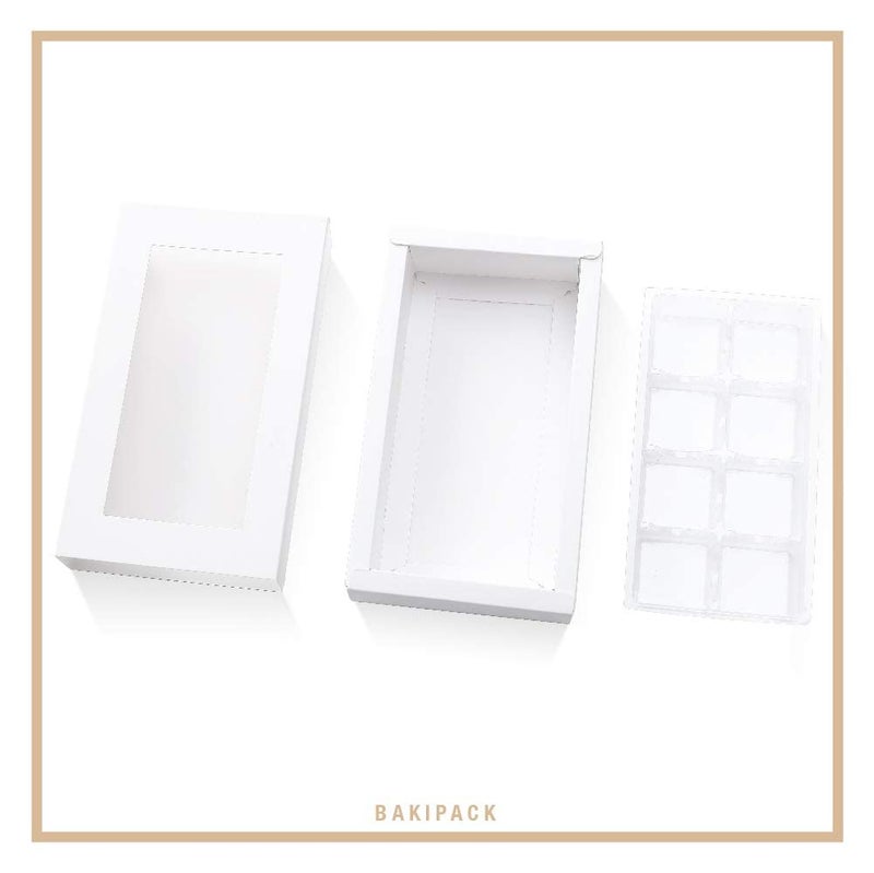 BAKIPACK 20 Truffle Box, Chocolate Box Packaging, Candy Boxes with 8-Piece Plastics Tray (Tray Size with 5.75x2.75 Inches), Pull Out Packing with Clear Window Sleeves, White - Image 5